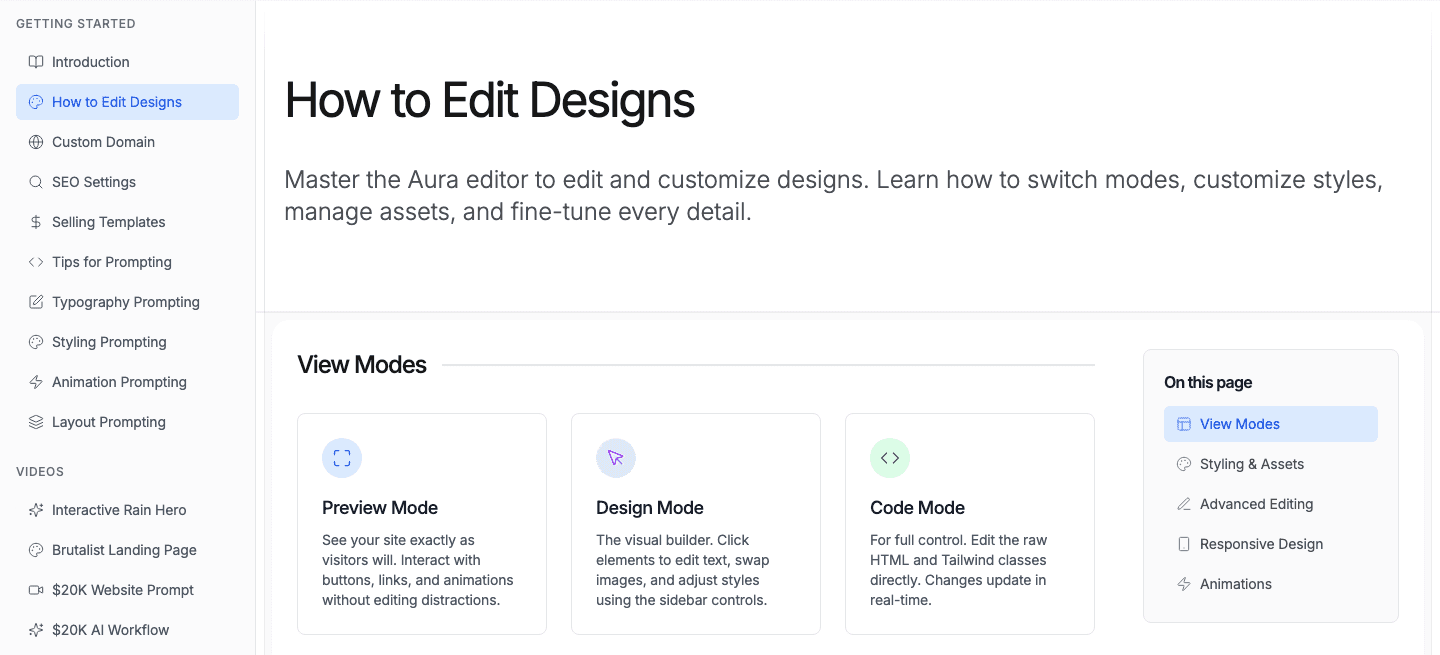 Os três modos do editor do Aura: ver a página, editar clicando e editar o código.
