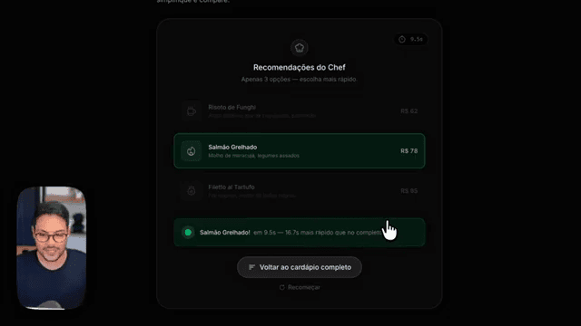 As três sugestões do chef no topo do cardápio, com o prato escolhido em 9,5 segundos.
