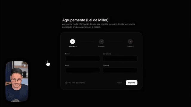 O cadastro dividido em três etapas, com quatro campos na primeira.