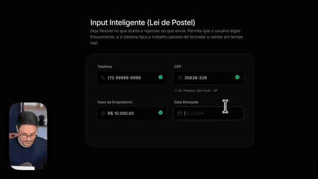 O formulário que formata sozinho o telefone, o CEP e o valor, com o endereço achado pelo CEP.
